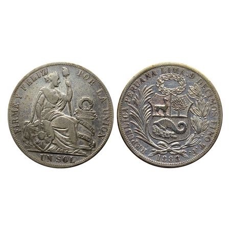 Peru, Silver Un Sol (0.900 silver), 24.60gm, 1888 TF, Obv: Small wreath above shield has r