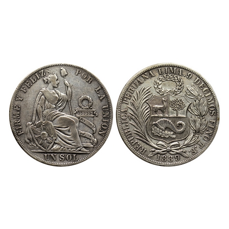 Peru, Silver Un Sol (0.900 silver), 24.67gm, 1889 TF, Obv: Small wreath above shield has r