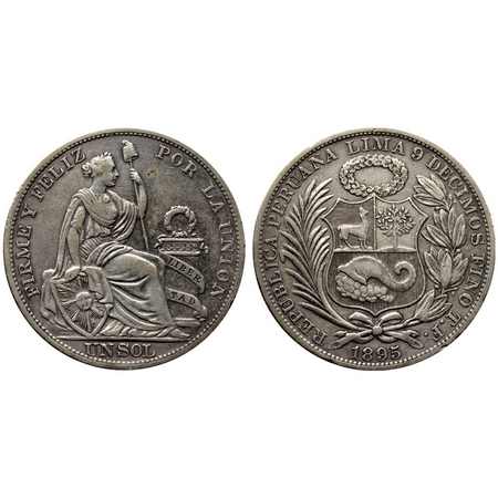 Peru, Silver Un Sol (0.900 silver), 24.69gm, 1895 TF, Obv: Small wreath above shield has r