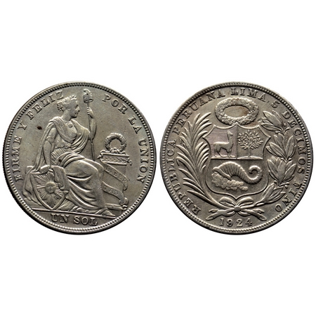 Peru, Silver Un Sol (0.500 silver), 24.69gm, 1924, Obv: Small wreath above shield has ribb