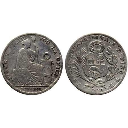 Peru, Silver 1/5 Sol (0.900 silver), 4.75gm, 1888 TF, Obv: Small wreath above shield has r