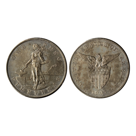 Philippines, Silver Peso (0.900 silver), 26.90gm, 1903, Obv: Female standing besides hamme
