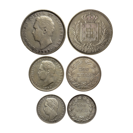 Portugal, Silver Set of 3 Coins (0.917 silver), 500 Reis/ 1887, 200 Reis/ 1887, 100 Reis/ 