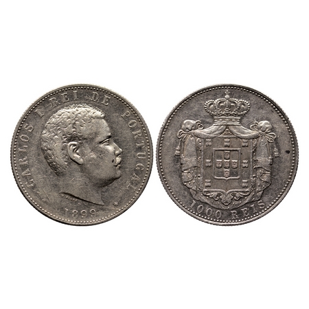 Portugal, 1000 Reis (0.917 silver), 1899, Carlos I, Obv: Portrait of King, head Right and 