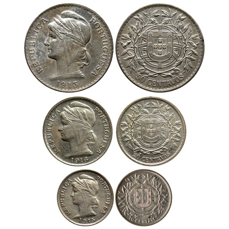 Portugal Republic, Silver Set of 3 Coins (0.0.8350 silver), 50 centavos/ 1913, 20 centavos