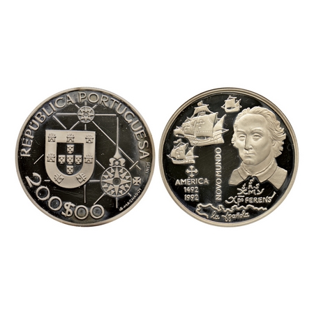 Portugal, Silver 200 Excudo Proof, 26.45gm, 1992, New World America series, Obv: Shield wi