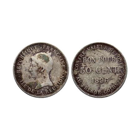 Reunion, Copper Nickle 50 Centimes, 2.37gm, 1896, Paris Mint, Obv: Head leftt Republique F