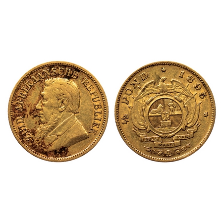 South Africa, Gold 1/2 Pound (0.916 gold), 3.95gm, 1895, Zuid Afrikaansche Republiek. KM 9