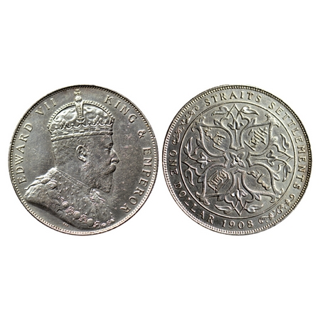 Straits Settelment, Silver Dollar, 20.16gm (0.800 silver), 1908, Ruler Edward VII, Obv: Cr