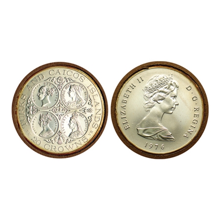 Turks & Caicos Islands, Silver, 20 Crowns, 38.70gm (0.9250 Silver), 1976 AD, Ruler Elizabe