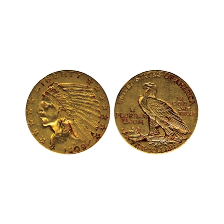 U.S.A., Gold 5 Dollar (0.900 gold), 8.32gm, 1909 D, Statue of Liberty Centinal, Obv: India