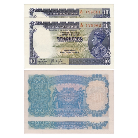 British India, George VI, 10 Rupees (2 notes), (1938). Signed by J.B. Taylor, red Serial N