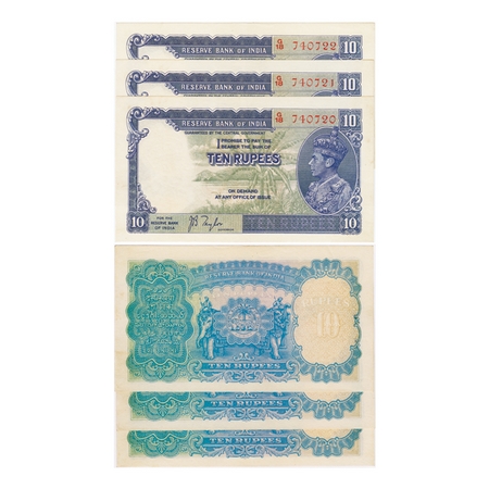 British India, George VI, 10 Rupees (3 notes), (1938). Signed by J.B. Taylor, red Serial N