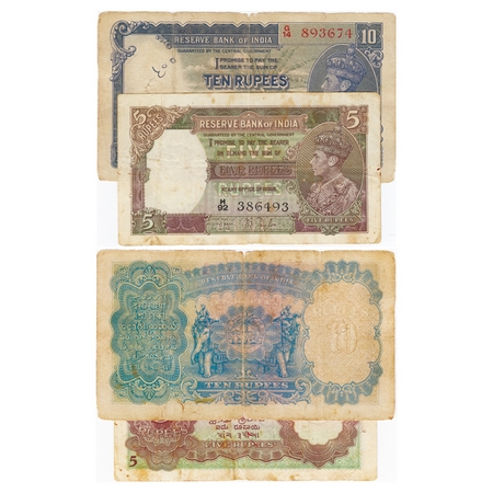 British India, George VI, 10 & 5 Rupees (2 notes), (1938). Signed by J.B. Taylor, red Seri