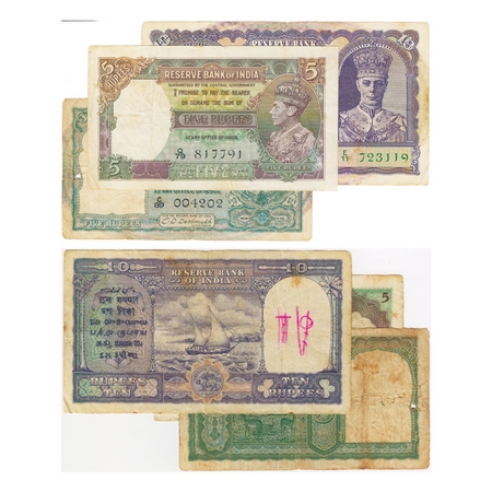 British India, George VI, 10 & 5 Rupees (3 notes), (1944). Signed by C. D. Deshmukh, Seria