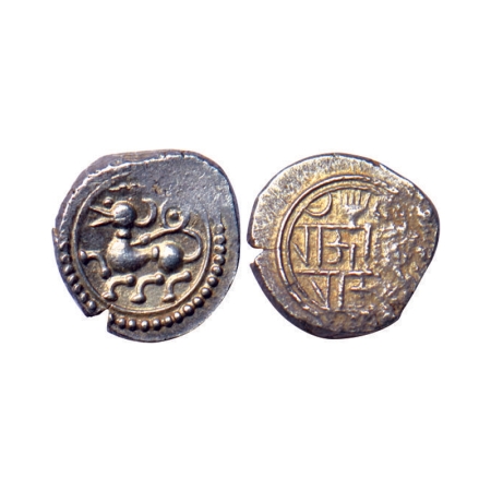 Saluvas of Gersoppa, Silver Unit, 1.58gm, Obv: Lion standing to left with right foreleg ra