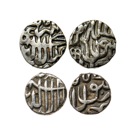 Akbar, Silver, (2 Coins), Reduced 1/2 & Tanka, Probably Ujjain Mint, Kalima on obv. Very F