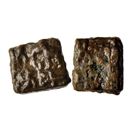 Mauryun Period, Cast Copper, 3.11gm, Obv: Elephant walking to left front of triangular hea