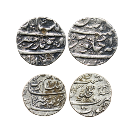 Aurangzeb, Silver 1/2 Rupee (2 Coins), Surat and Khambayat Mint, AH 1091/24 RY & 19 RY. KM