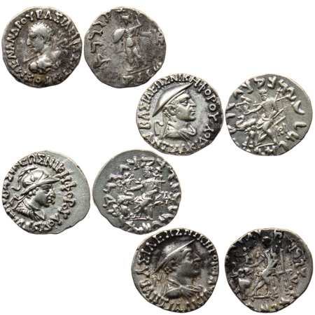 Indo-Greek, Silver Drachma, (4 Coins), Menander I (1), Obv: Diademed bust of king left see