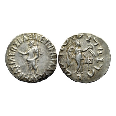 Indo-Scythians, Maues, Silver Tetradrachm, 9.56gm, Obv: Zeus standing left, holding torque