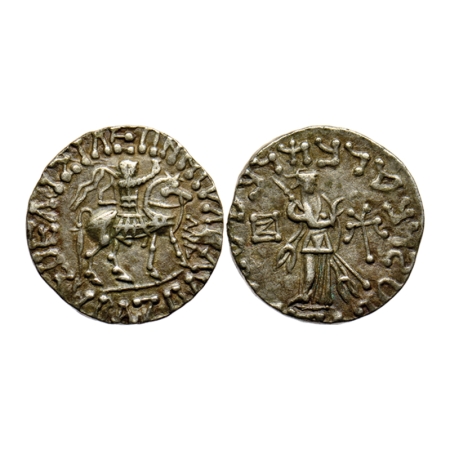 Indo-Scythians, Azes I (c. 57-35 BC), Silver Tetradrachm, 9.36gm, Obv: King mounted on a h