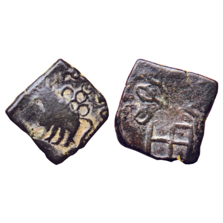 Satavahanas, Sri Satakarni, Copper Unit, 4.01gm, Obv: Animal figure facing to left above f