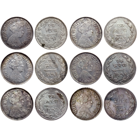 Baroda, Silver Rupee (6 Coins), Sayaji Rao III, Portrait Type, VS 1951, 1952, 1953, 1954, 