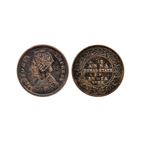 Dewas Junior Branch, Copper 1/12 Anna, 2.12gm, Narayan Rao (1864-1892 AD), 1888 AD, bust o