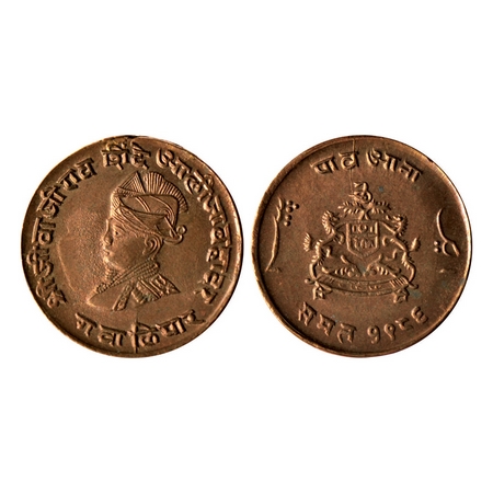 Gwalior, Copper 1/4 Anna, 5.20gm, Jivaji Rao (VS 1985-2005 / 1925-1948 AD), VS 1986, Portr