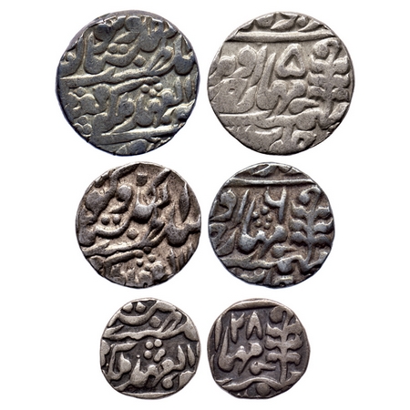 Jaipur, Silver Rupee, 1/2 and 1/4 Rupee (3 Coins), Madho Singh II (AH 1251-1298 / 1835-188
