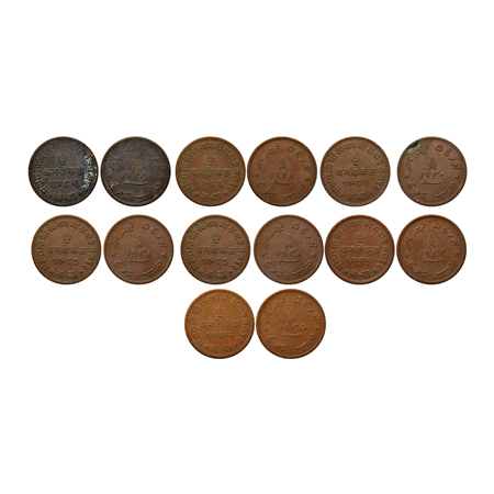 Kutch, Copper 3 Dokda (7 Coins), Khengarji III, VS 1985/1928, 1986/1929, 1987/1930, 1987/1