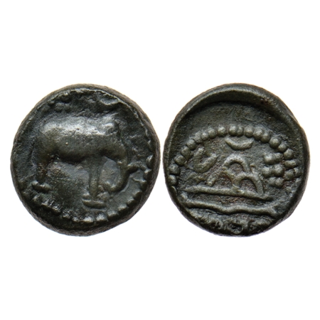Western Kshatrapas, Damasena (c. 223-236 AD), Potin Unit, 1.60gm, Obv: Elephant walking to