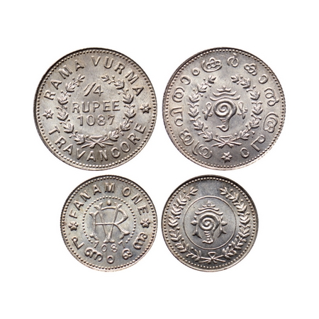 Travancore, Silver 1/4 Rupee and Fanam (2 Coins), Rama Varma VI, ME 1087. KM 52 & 51. Unci