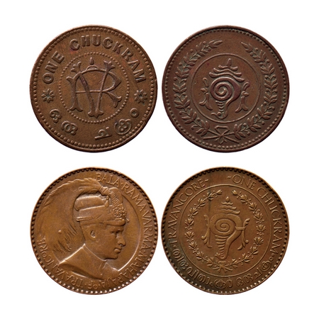 Travancore, Copper & Bronze Chuckram (2 Coins), Rama Verma VI & Bala Rama Varma II, Monogr