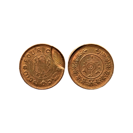 Travancore, Bronze 4 Cash, 1.90gm, Bala Rama Varma II, partial brokage. KM 58. Uncirculate