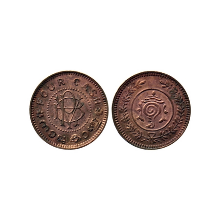 Travancore, Bronze 4 Cash, 1.83gm, Bala Rama Varma II,both side double struck, C A S H, gh