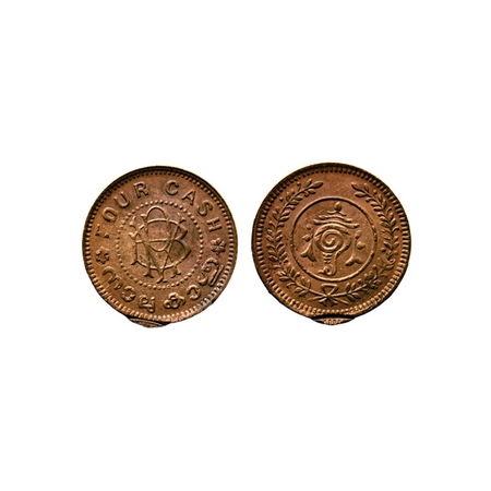 Travancore, Bronze 4 Cash, 1.90gm, Bala Rama Varma II, minor double struck on rim and doub