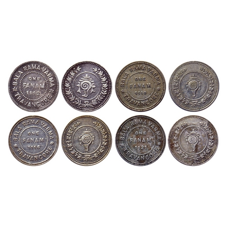 Travancore, Silver and Half Silver Fanams (4 Coins), Bala Rama Varma II, ME 1112, 1116, 11