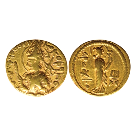 Kushana Dynasty, Huvishka, Gold Dinar, 7.74gm, Obv: Half length bust of the king seated on