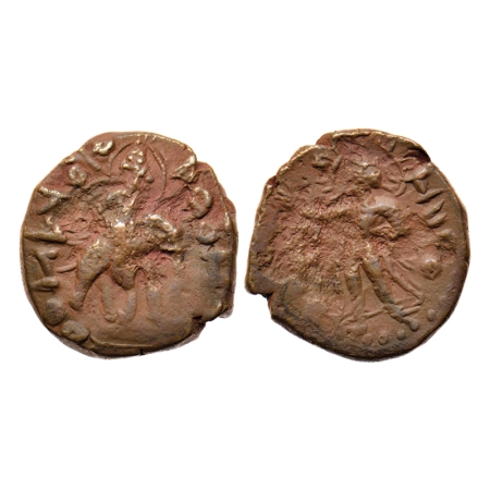 Kushana Dynasty, Huvishka, Copper Drachma, 10.11gm, Obv: King mounted on elephant walking 