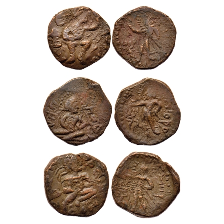 Kushana Dynasty, Huvishka (c. 151-190 AD), Copper Unit (3 Coins), Couch type, Obv: King se