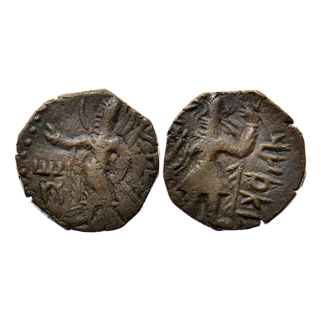 Kushana Dynasty, Kanishka I, Copper 1/4 Drachma, 4.10gm, Obv: King standing to left surrou