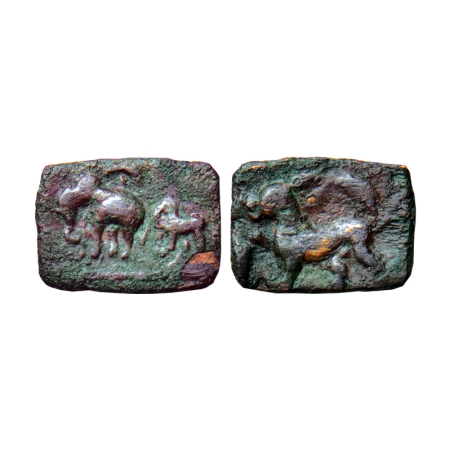 Sangam Chola, Coppeer Unit, 2.60gm, Obv: Elephant walking to left above the umbrella, behi