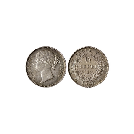 Victoria Queen, Silver ¼ Rupee, 1840, Divided Legend, Calcutta Mint (19.20mm), (6 + 4 Berr