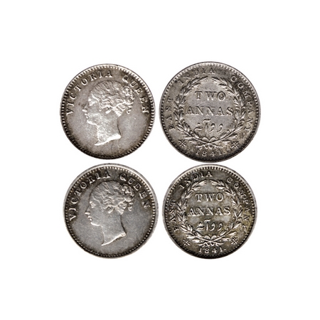 Victoria Queen, Silver 2 Annas (2 Coins), 1841, Continuous legend, Calcutta Mint A(a)/I & 