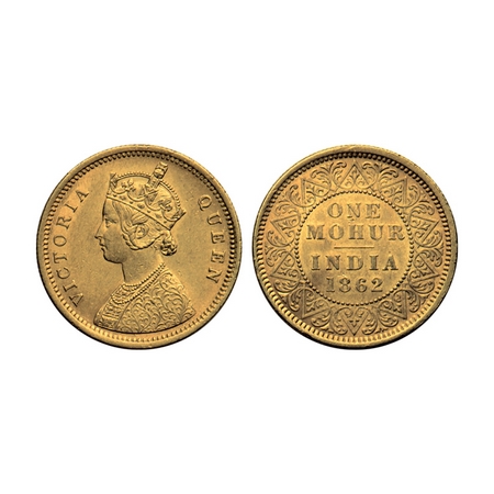 Victoria Queen, Gold Mohur, 1862, (one flower type & V in relief in centre of the bust on 