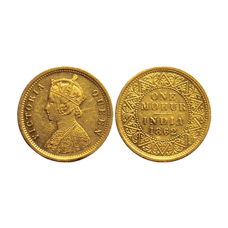 Victoria Queen, Gold Mohur, 1862, (two flower type & V in relief in centre of the bust on 