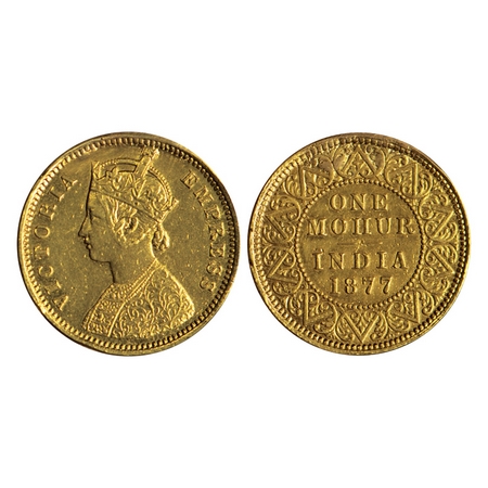 Victoria Empress, Gold Mohur, 1877, (Two flower type & V in relief), F.Prid. 14. Ex mount,