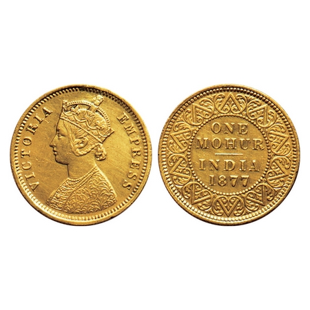 Victoria Empress, Gold Mohur, 1877, (Two flower type & V in relief), Ex mount. F.Prid. 14.